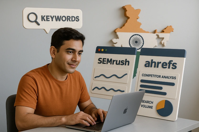 Indian digital marketer doing keyword research using SEMrush and Ahrefs tools on a laptop 