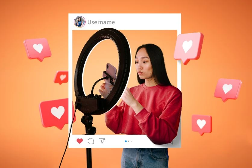 Instagram Marketing Tips for Beginners Using AI, showing a content creator filming Instagram reels with a smartphone and ring light.