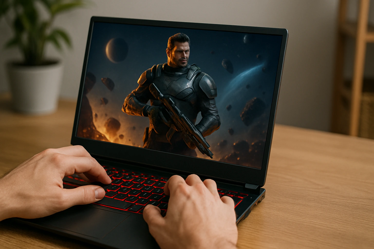 A person playing a sci-fi action game on a gaming laptop with red backlit keys, illustrating the gaming experience in the context of gaming laptop vs. normal laptop.