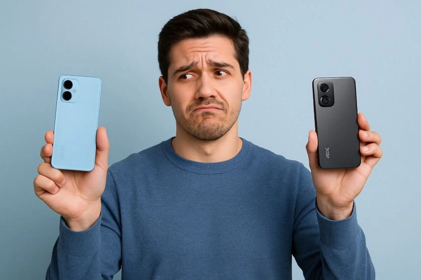  Realme vs. Redmi—Which One Should You Buy in 2025? Man holding both smartphones and comparing them.