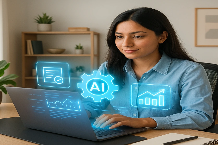 A woman using free AI tools in 2025 on her laptop in a modern home office, surrounded by digital productivity and automation icons.