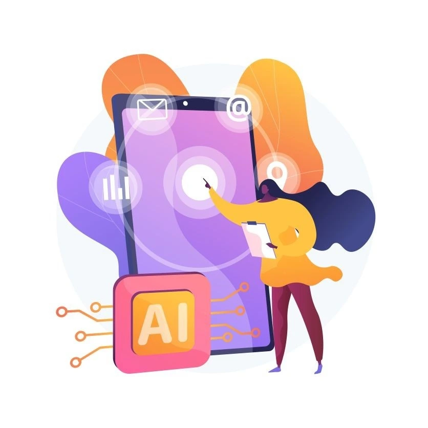 Illustration of a woman interacting with a giant smartphone screen and AI technology icons, symbolizing digital creativity and innovation using Canva AI tools for Free.