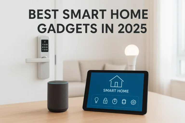 A realistic smart home interior showcasing Smart Home Gadgets including smart speakers, door lock, smart lights, and a tablet for control, highlighting advanced home automation