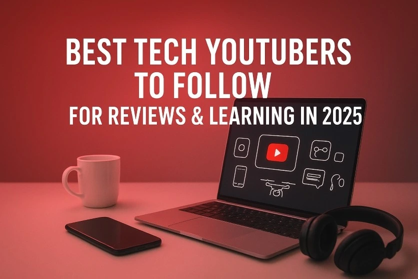 A modern tech workspace digital cover image featuring a laptop, smartphone, and headphones on a desk with icons of YouTube, camera, drone, and gadgets on the screen. Bold central text reads “Best Tech YouTubers to Follow for Reviews & Learning in 2025” with red and white glowing accents inspired by YouTube branding.