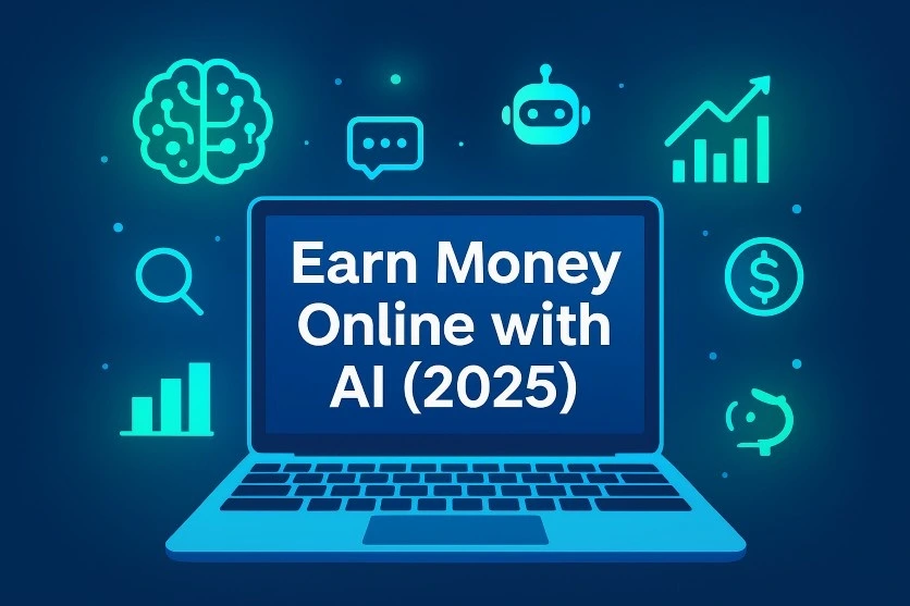 Futuristic digital illustration showing a laptop on a desk with glowing AI icons like brain, robot, charts, and dollar signs, highlighting the concept of “Earn Money Online with AI in 2025.
