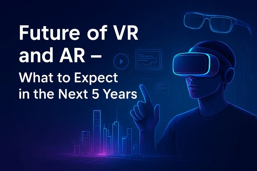 Banner illustration showing the Future of VR and AR with a person wearing a VR headset, holographic cityscapes, AR glasses, and futuristic digital elements in neon blue and purple.