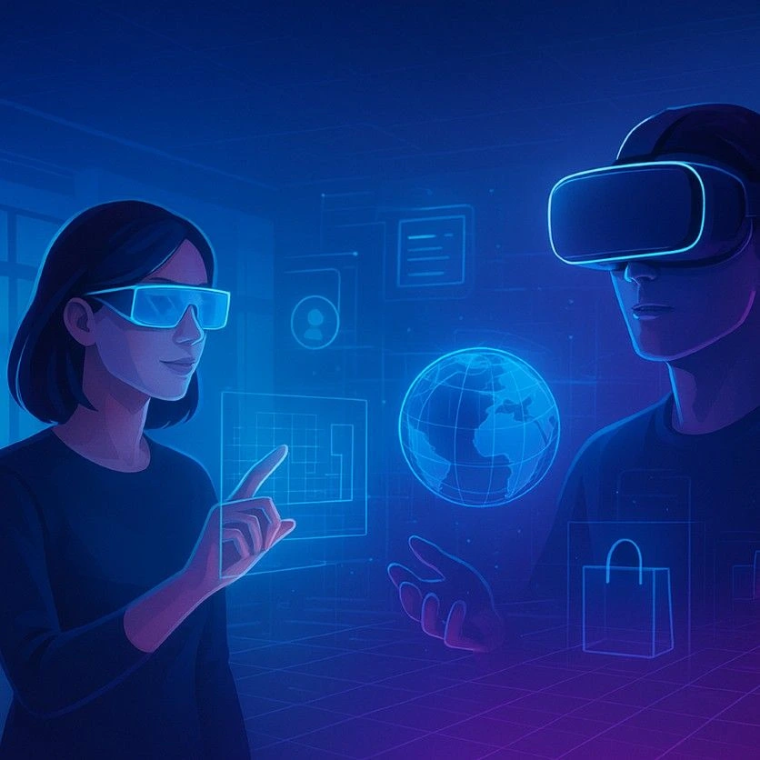 Futuristic tech illustration visualizing the Future of VR and AR with a person using AR glasses and another with a VR headset, surrounded by holographic projections, 3D objects, and digital grids blending real and virtual worlds.