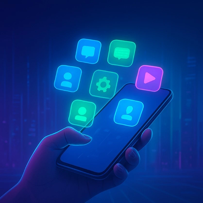 Modern tech illustration of a person holding a smartphone with holographic app icons floating above the screen, symbolizing innovation and the Top 5 Apps You Must Have in 2025 in a futuristic neon cityscape.