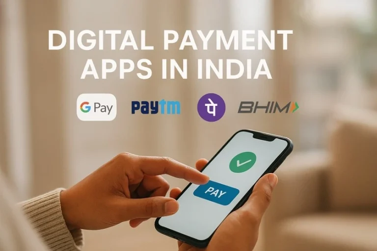 Close-up of a person using a smartphone for online transaction with logos of Google Pay, Paytm, PhonePe, and BHIM displayed, representing Digital Payment Apps in India.