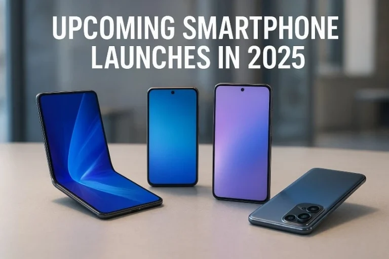 Multiple Upcoming Smartphone Launches in 2025 placed on a modern table, featuring foldable screens, slim bezels, and futuristic camera designs.