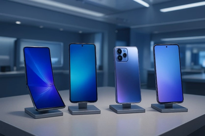 A premium tech store display showcasing upcoming smartphones in 2025 with foldable models, bezel-less screens, and sleek glass designs under soft lighting.