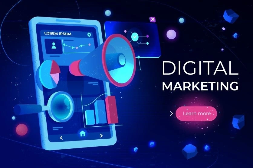 Top Digital Marketing Trends in 2025, futuristic illustration showing smartphone with analytics, charts, and megaphone representing online promotion strategies.