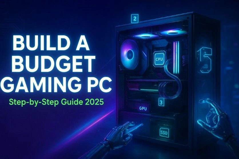 tep-by-step guide to build a Budget Gaming PC in 2025, showing futuristic computer components like CPU, GPU, SSD, cooling system, and RGB lighting inside a gaming case