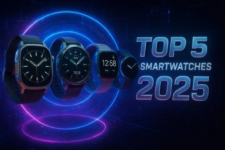 Top 5 Smartwatches 2025 showcasing modern smartwatch designs with advanced features in a futuristic digital style.