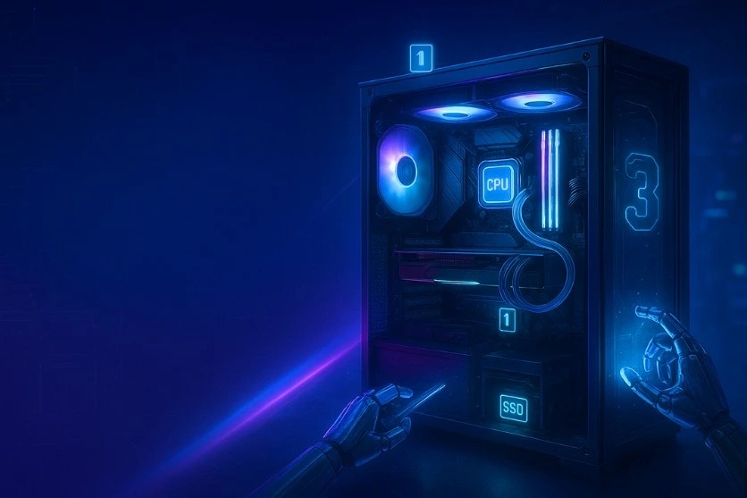 Futuristic illustration of a Budget Gaming PC in 2025 with highlighted components like CPU, SSD, cooling fans, and RGB lighting inside a transparent case.