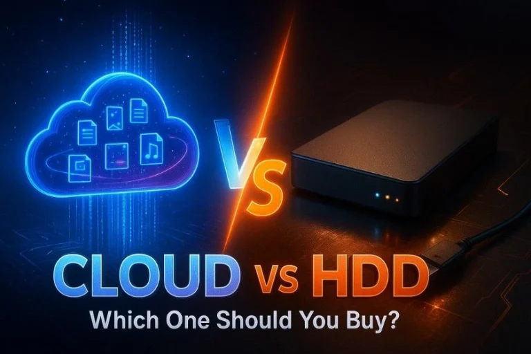 Illustration comparing Cloud Storage vs. External HDD – Which One Should You Buy? showing a glowing cloud icon with digital files on one side and a physical hard drive on the other.