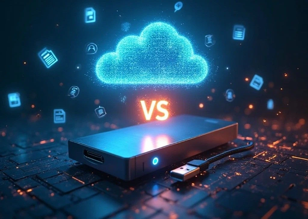 Futuristic comparison of Cloud Storage vs. External HDD – Which One Should You Buy? showing a glowing cloud icon above a portable hard drive with data symbols around it.