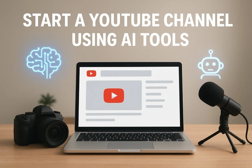 A modern workspace setup to start a YouTube channel using AI tools, featuring a laptop with YouTube dashboard, microphone, camera, and AI icons in vibrant red, white, and black colors.