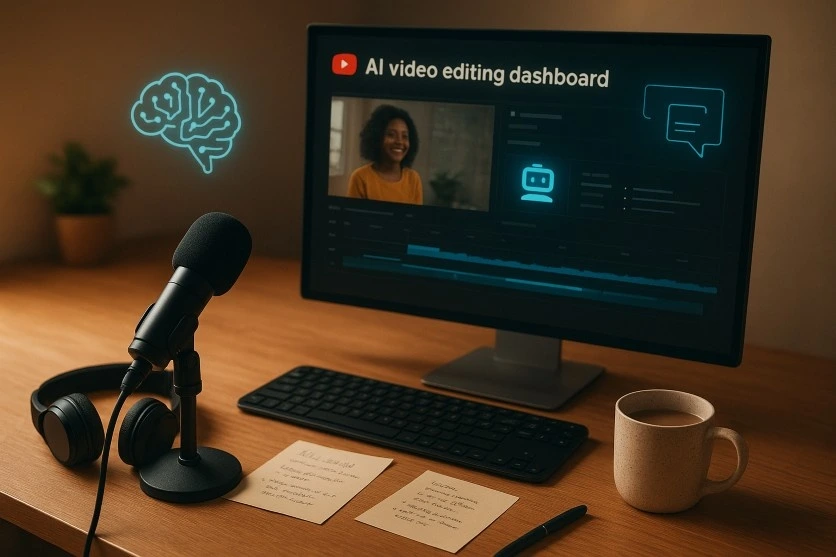 A realistic YouTuber workspace to start a YouTube channel using AI tools, showing a laptop with video editor, DSLR camera, microphone, and subtle AI-themed holographic elements in a clean, professional setting.