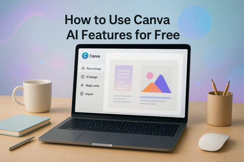 A modern digital workspace with a laptop screen displaying creative design features, surrounded by pastel stationery, coffee cup, and abstract glowing shapes, representing Canva AI tools for Free.