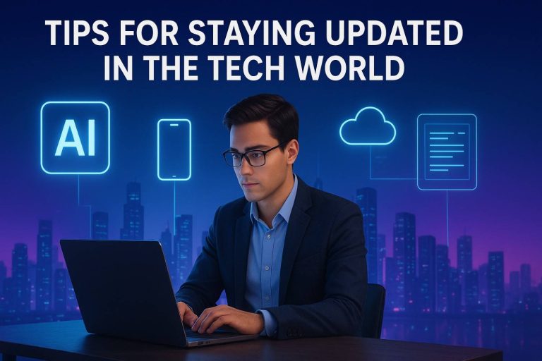 Young professional at a laptop surrounded by glowing tech icons with a futuristic city skyline, representing Tips for Staying Updated in the Tech World.