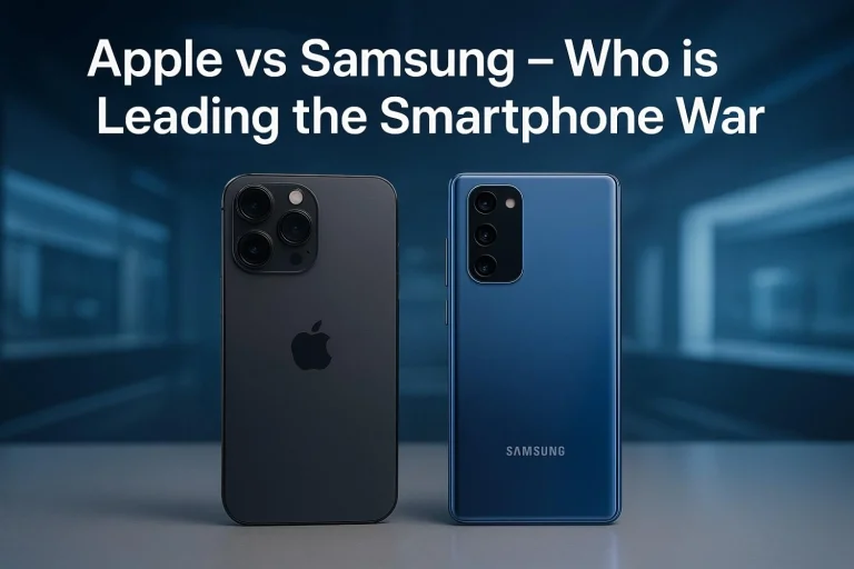 Apple vs. Samsung smartphones displayed side by side on a futuristic background, showcasing the ongoing rivalry in 2025 for a tech blog about Apple vs Samsung.