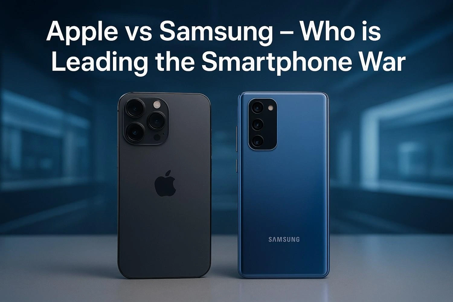 Apple vs. Samsung smartphones displayed side by side on a futuristic background, showcasing the ongoing rivalry in 2025 for a tech blog about Apple vs Samsung.