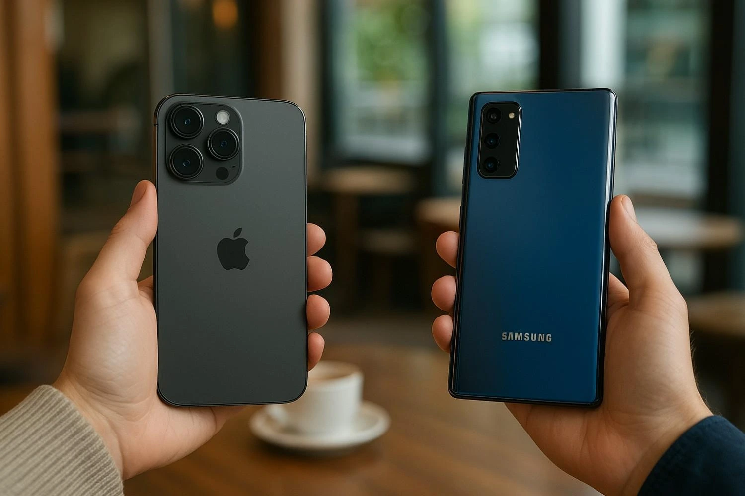 Two individuals holding the latest iPhone and Samsung Galaxy phones in a modern cafe, representing the Apple vs. Samsung rivalry in 2025 with premium smartphone designs.