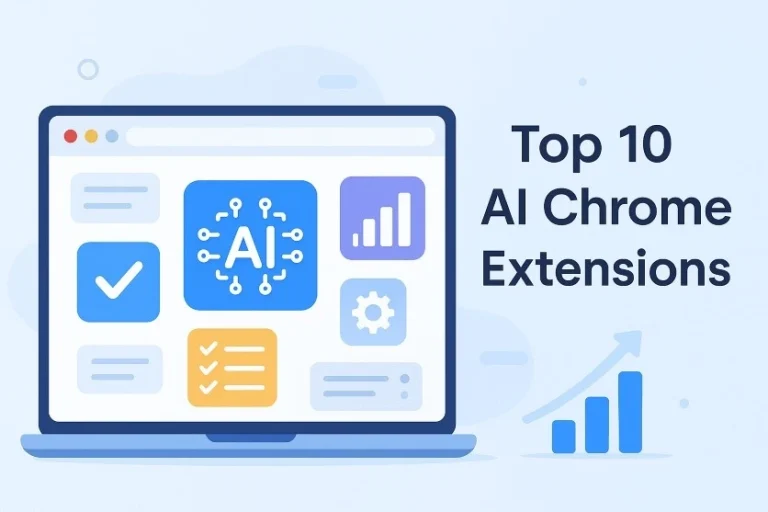 Laptop screen showing Google Chrome with AI features and analytics, representing Top 10 AI Chrome Extensions for productivity.