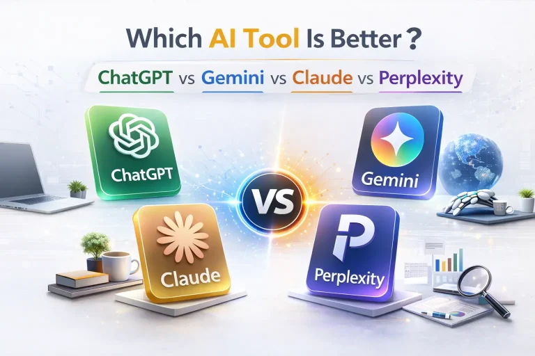Which AI tool is better featured image showing ChatGPT vs Gemini vs Claude vs Perplexity comparison with VS circle on white background