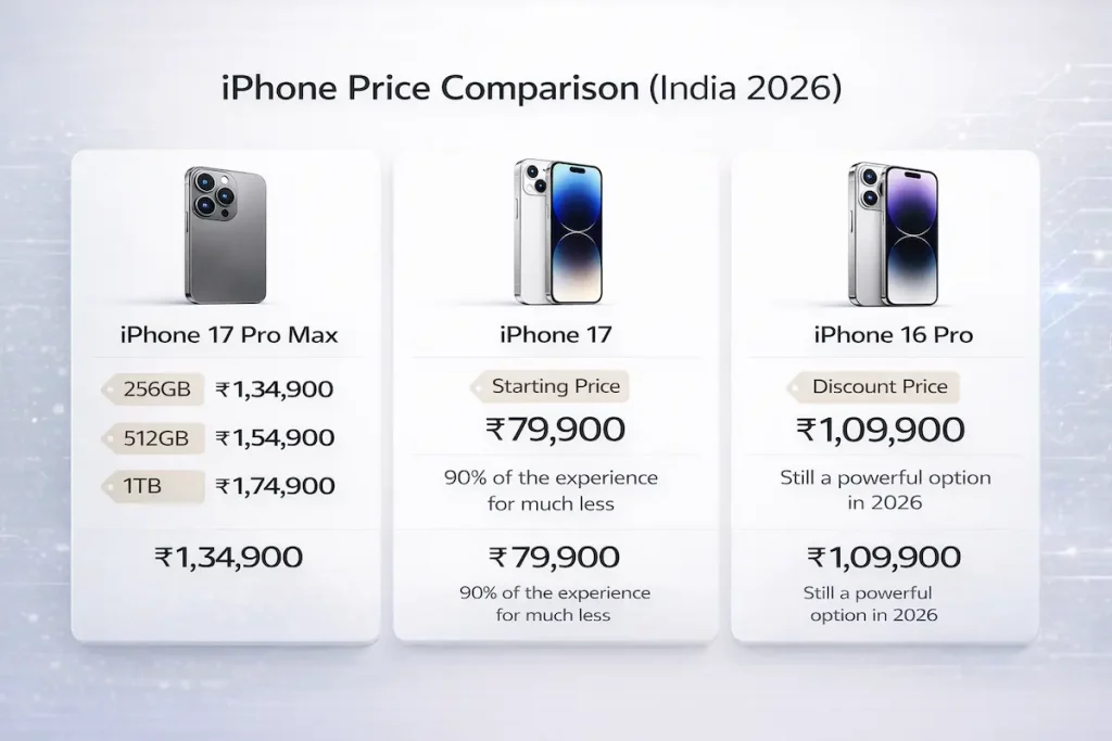 iPhone price comparison India 2026 showing iPhone 17 Pro Max, iPhone 17 and iPhone 16 Pro prices