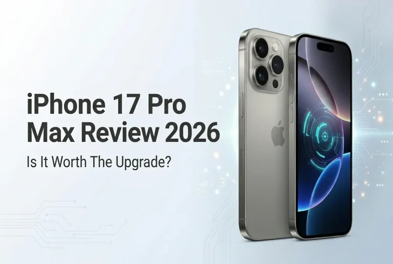 “iPhone 17 Pro Max Review 2026 featured image showing premium smartphone design with titanium frame and triple camera”