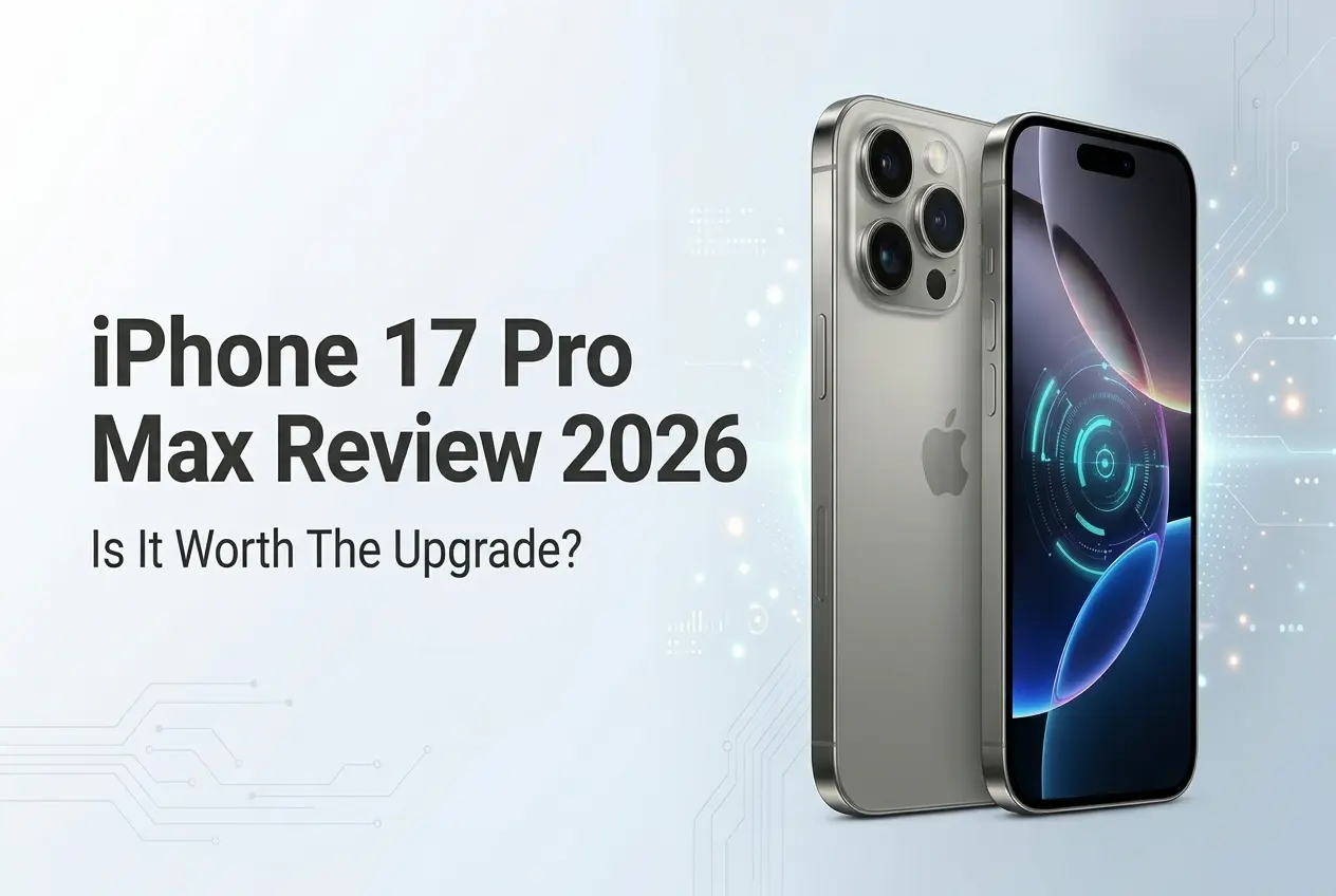 “iPhone 17 Pro Max Review 2026 featured image showing premium smartphone design with titanium frame and triple camera”