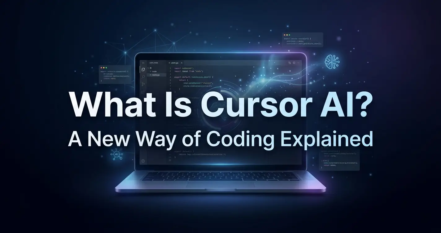 What is Cursor AI blog featured image showing AI-powered coding tool with laptop screen and futuristic technology background
