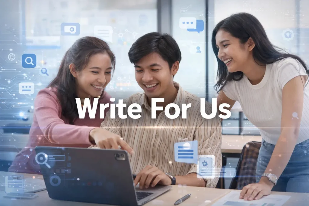 Write For Us tech blog contributors collaborating on laptop with digital technology icons